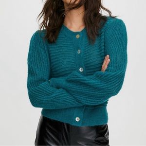 ❤️ Wilfred Aritzia Alyssia Alpaca blend teal knit puff sleeve cardigan top